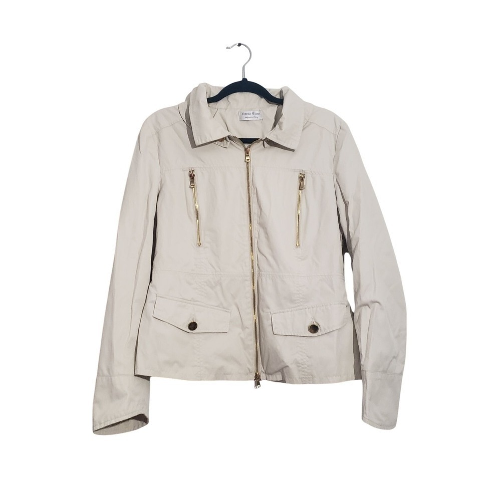 Venezia Milano Utility‎ Jacket Women L Beige Gold Zip Italian Design Safari Coat